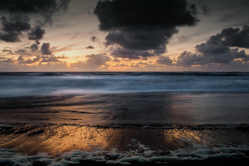 Ocean Waves at Sunset — Orange, Dramatic, Photograph, Clouds, Sand, Sky