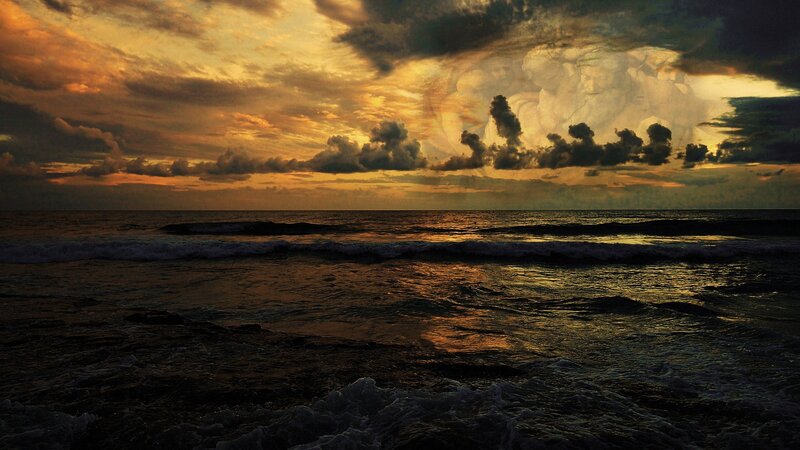 Ocean Waves at Sunset — Orange, Dramatic, Photograph, Clouds, Sky, Sea