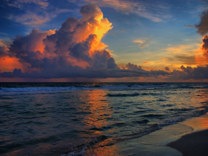 Ocean Waves at Sunset — Orange, Dramatic, Photograph, Clouds, Sky