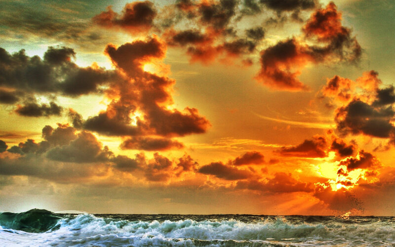 Ocean Waves at Sunset — Orange, Dramatic, Photograph, Clouds, Sun, Sea