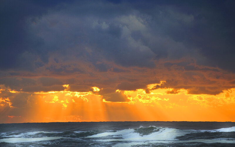 Ocean Waves at Sunset — Orange, Dramatic, Photograph, Clouds, Sunlight