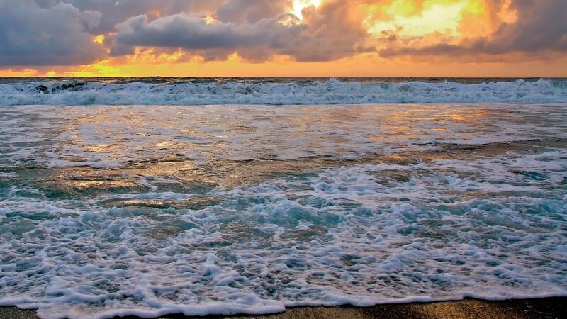 Ocean Waves at Sunset — Orange, Dramatic, Photograph, Foam