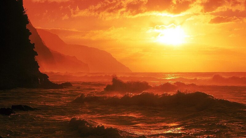 Ocean Waves at Sunset — Orange, Dramatic, Photograph, Mountain, Sky, Sea