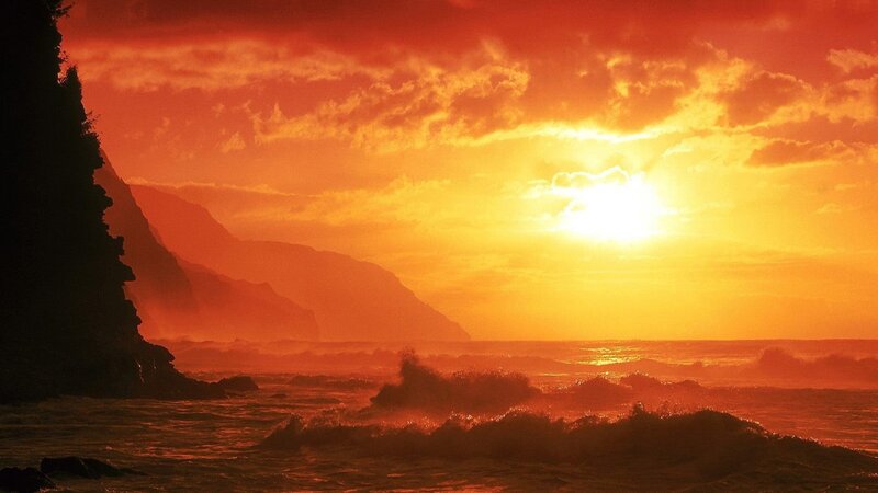 Ocean Waves at Sunset — Orange, Dramatic, Photograph, Mountain, Sky