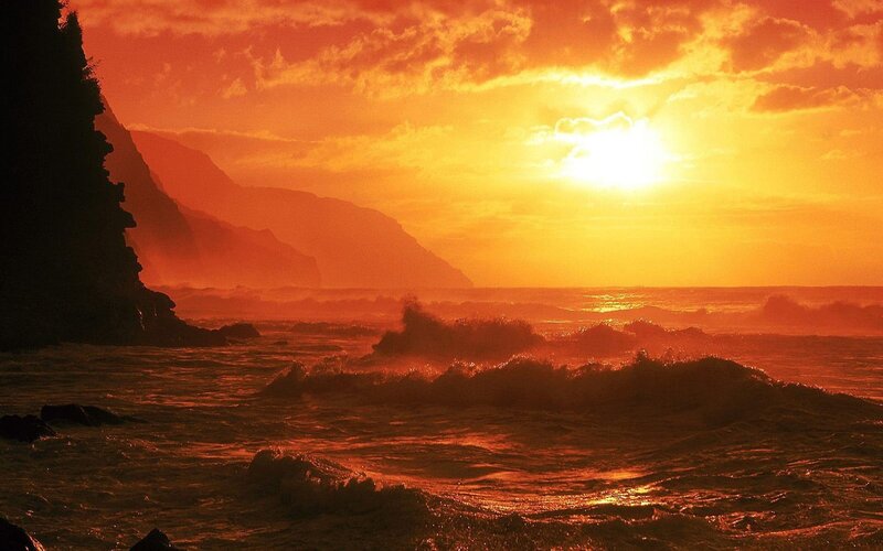 Ocean Waves at Sunset — Orange, Dramatic, Photograph, Mountain, Sun