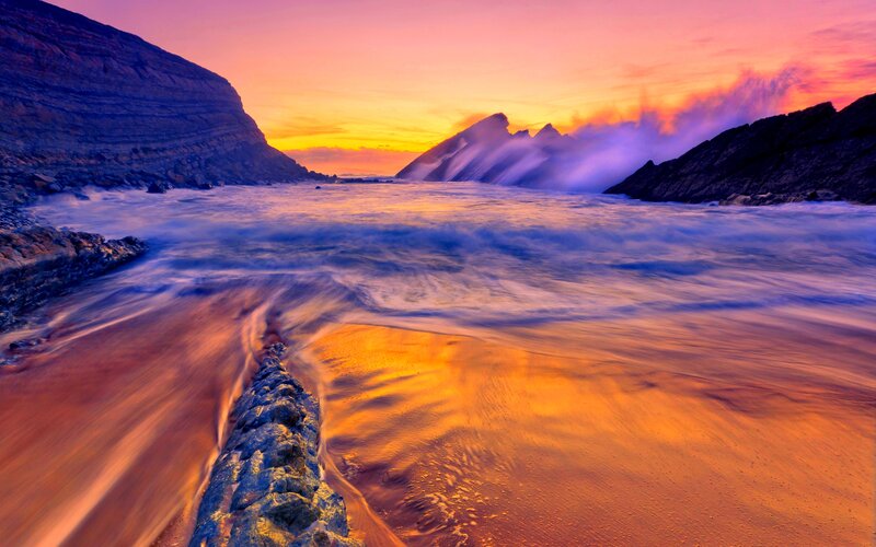 Ocean Waves at Sunset — Orange, Dramatic, Photograph, Mountains, Beach