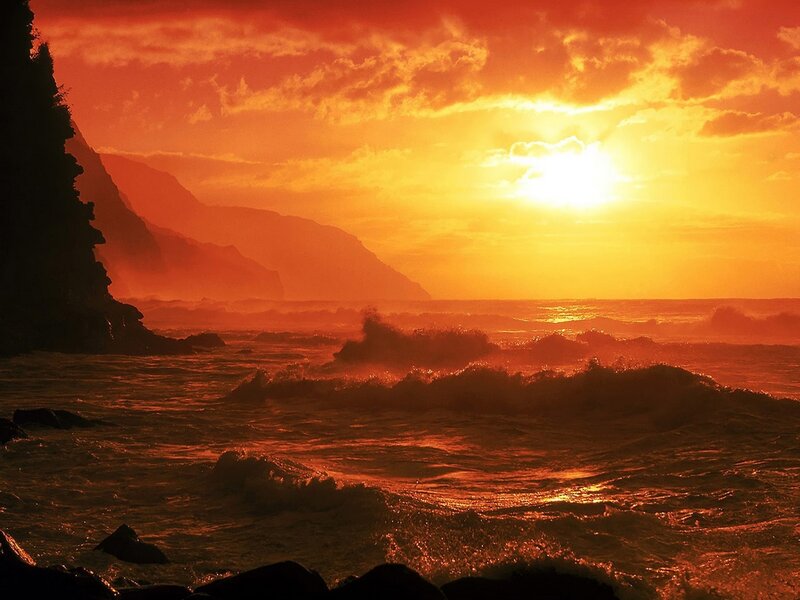 Ocean Waves at Sunset — Orange, Dramatic, Photograph, Mountains, Sky, Rocks