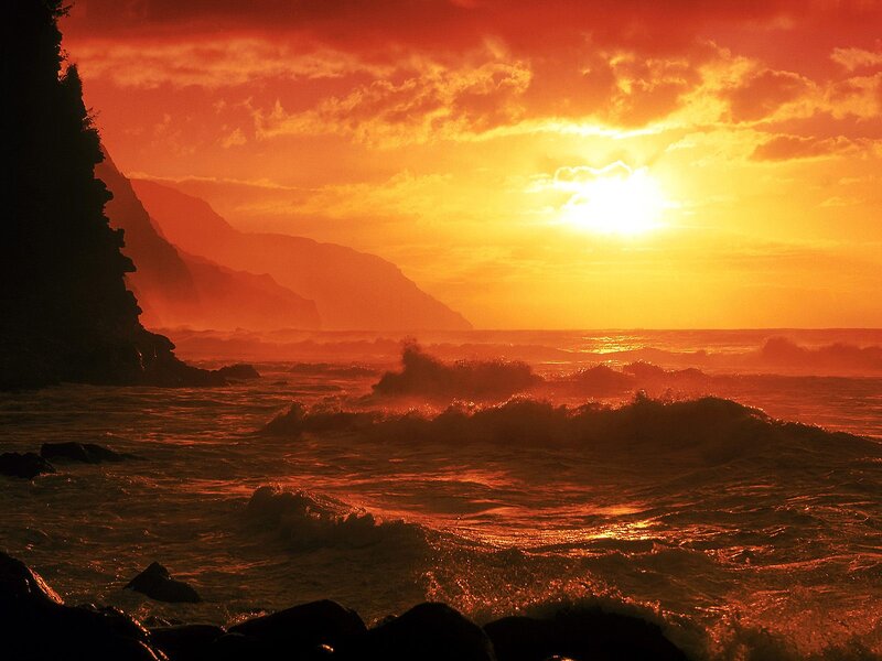 Ocean Waves at Sunset — Orange, Dramatic, Photograph, Mountains, Sun