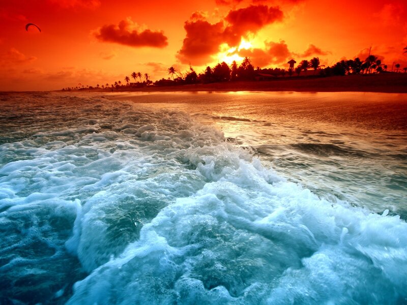 Ocean Waves at Sunset — Orange, Dramatic, Photograph, Palm Trees, Parasail