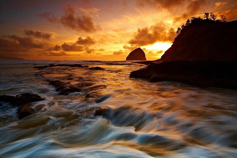 Ocean Waves at Sunset — Orange, Dramatic, Photograph, Rocks, Cliff