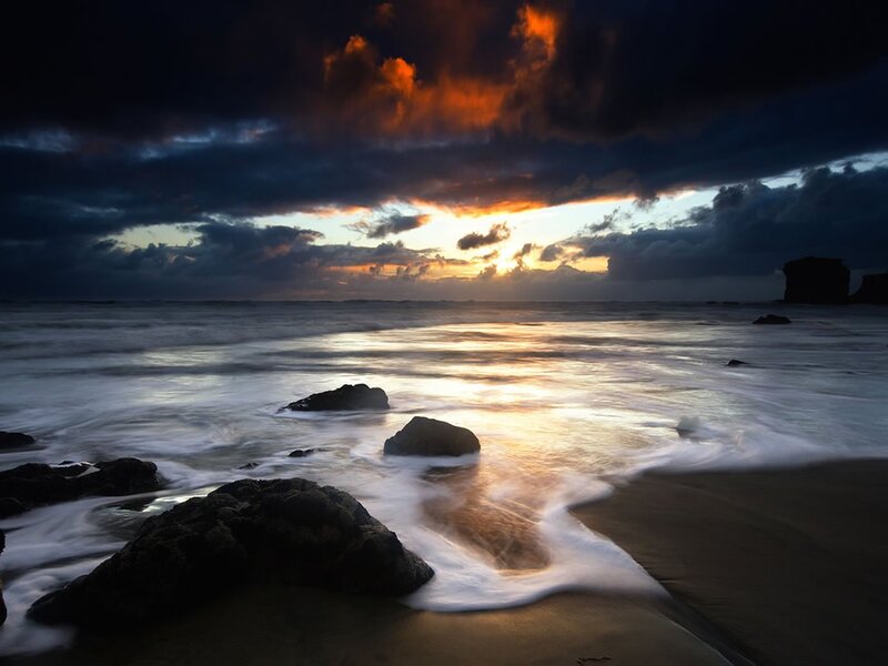 Ocean Waves at Sunset — Orange, Dramatic, Photograph, Rocks, Clouds, Beach