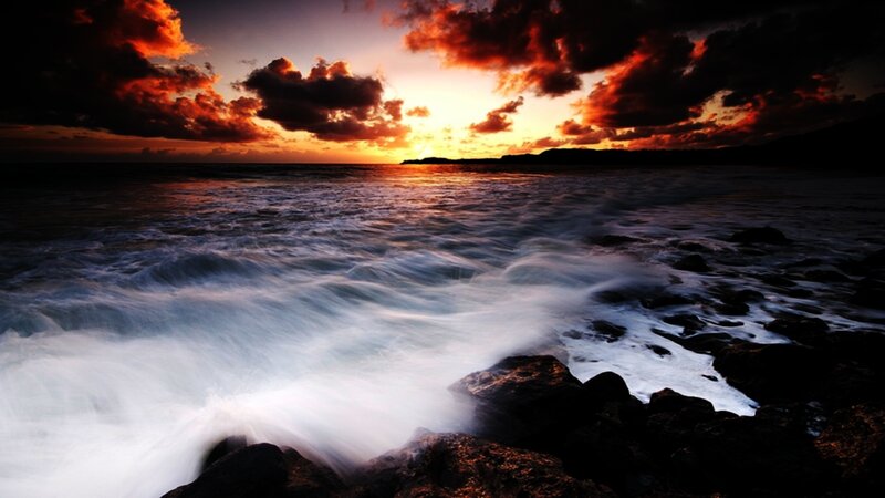 Ocean Waves at Sunset — Orange, Dramatic, Photograph, Rocks, Clouds, Black