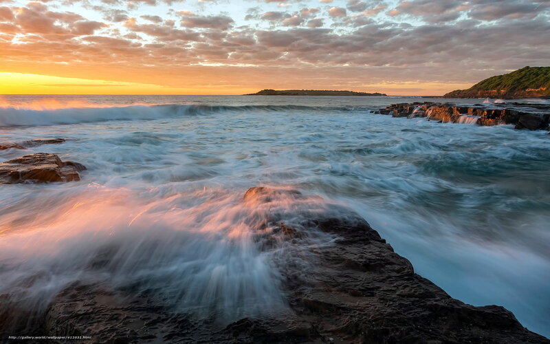 Ocean Waves at Sunset — Orange, Dramatic, Photograph, Rocks, Clouds, Island