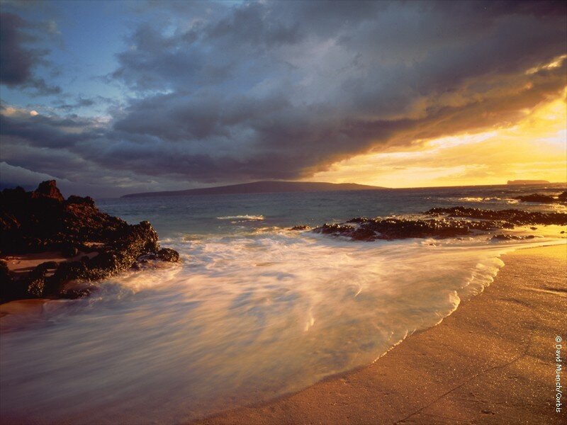 Ocean Waves at Sunset — Orange, Dramatic, Photograph, Rocks, Clouds, Sand, Blue, Brown