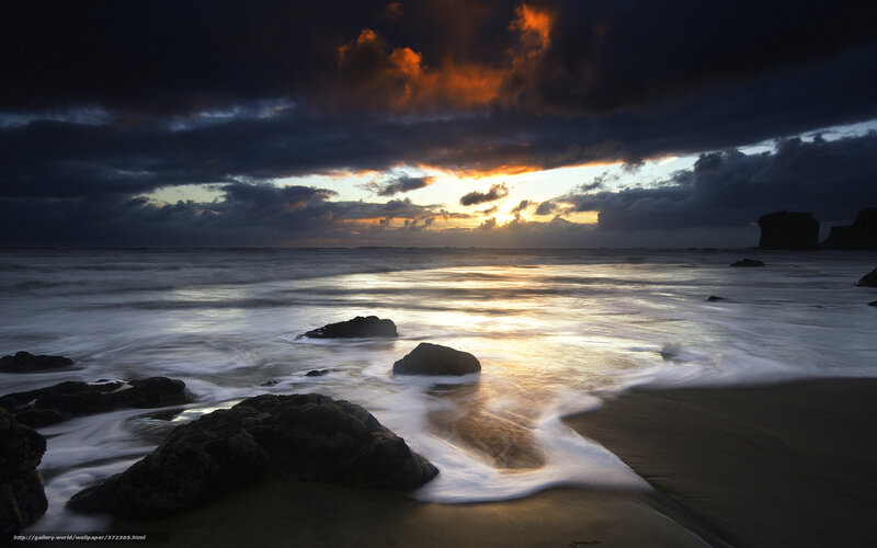 Ocean Waves at Sunset — Orange, Dramatic, Photograph, Rocks, Clouds, Sand