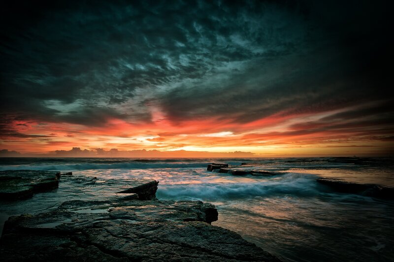 Ocean Waves at Sunset — Orange, Dramatic, Photograph, Rocks, Clouds, Sea, Dark Blue