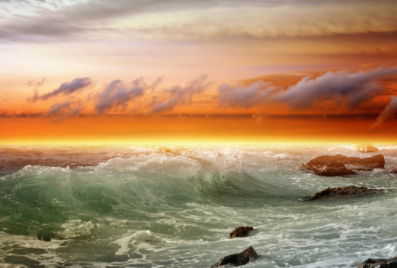 Ocean Waves at Sunset — Orange, Dramatic, Photograph, Rocks, Clouds, Sea Foam
