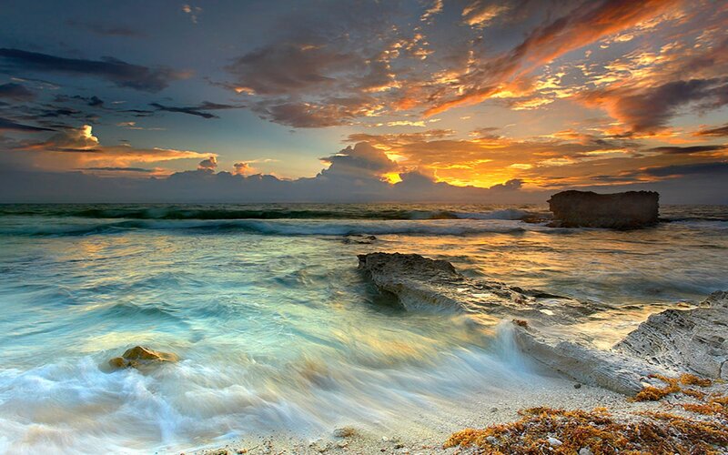 Ocean Waves at Sunset — Orange, Dramatic, Photograph, Rocks, Clouds, Sea, Sand