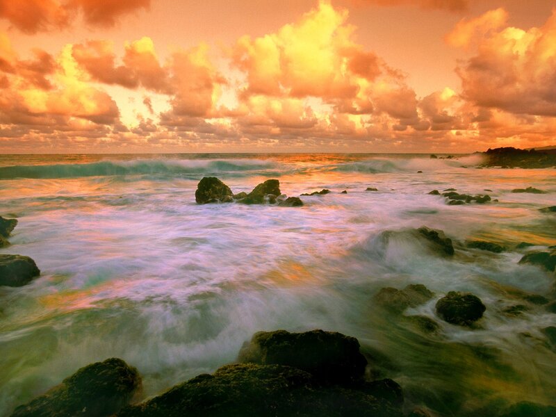 Ocean Waves at Sunset — Orange, Dramatic, Photograph, Rocks, Clouds, Sea, Sky
