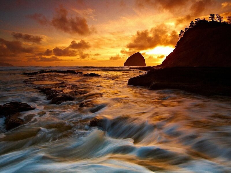 Ocean Waves at Sunset — Orange, Dramatic, Photograph, Rocks, Clouds, Sea Stack