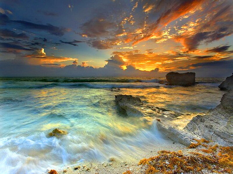Ocean Waves at Sunset — Orange, Dramatic, Photograph, Rocks, Clouds, Sea