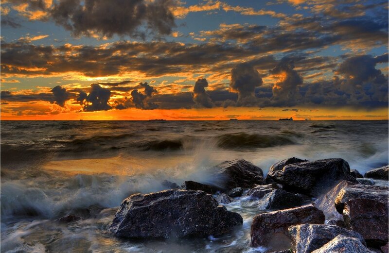 Ocean Waves at Sunset — Orange, Dramatic, Photograph, Rocks, Clouds, Ship