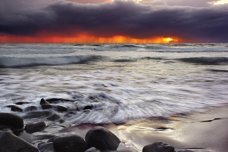 Ocean Waves at Sunset — Orange, Dramatic, Photograph, Rocks, Clouds, Sun