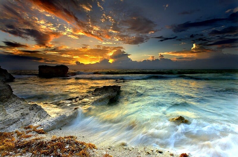 Ocean Waves at Sunset — Orange, Dramatic, Photograph, Rocks, Clouds