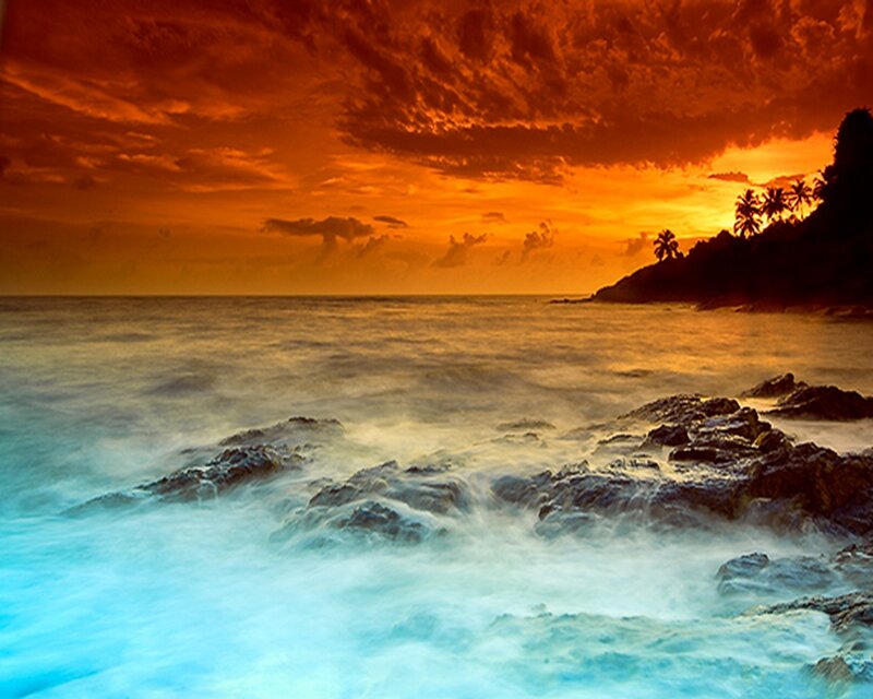 Ocean Waves at Sunset — Orange, Dramatic, Photograph, Rocks, Palm Trees