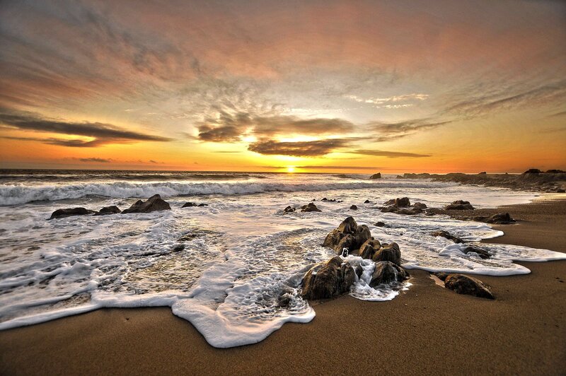 Ocean Waves at Sunset — Orange, Dramatic, Photograph, Rocks, Sand, Clouds
