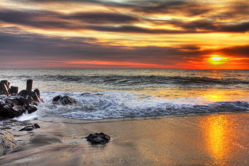 Ocean Waves at Sunset — Orange, Dramatic, Photograph, Rocks, Sand
