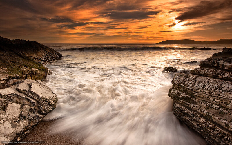 Ocean Waves at Sunset — Orange, Dramatic, Photograph, Rocks, Sea, Sky, Mountain