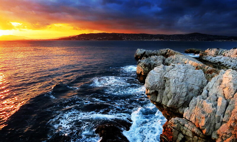 Ocean Waves at Sunset — Orange, Dramatic, Photograph, Rocks, Sea, Sky