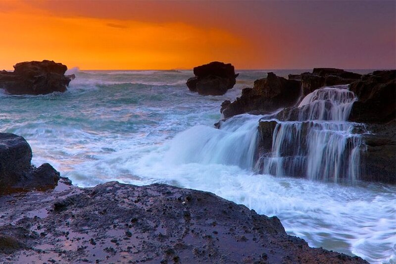 Ocean Waves at Sunset — Orange, Dramatic, Photograph, Rocks, Sea