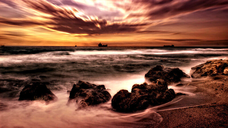 Ocean Waves at Sunset — Orange, Dramatic, Photograph, Rocks, Ships