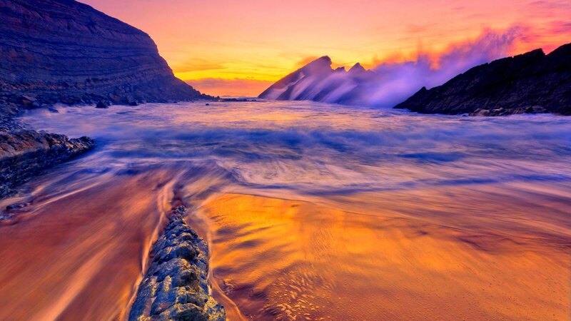 Ocean Waves at Sunset — Orange, Dramatic, Photograph, Rocks, Sky, Beach