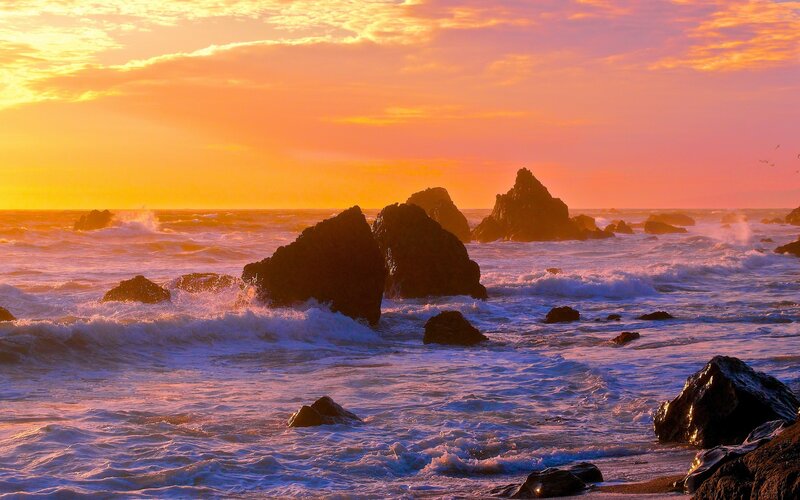 Ocean Waves at Sunset — Orange, Dramatic, Photograph, Rocks, Sky, Birds