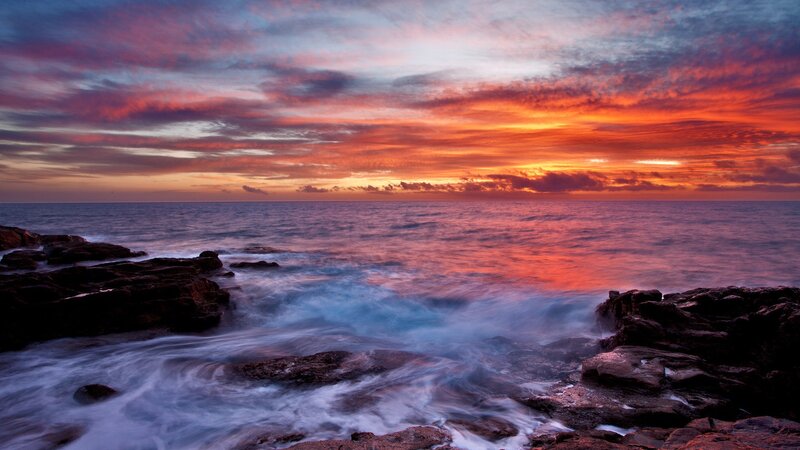 Ocean Waves at Sunset — Orange, Dramatic, Photograph, Rocks, Sky, Clouds, Red