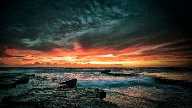 Ocean Waves at Sunset — Orange, Dramatic, Photograph, Rocks, Sky, Clouds