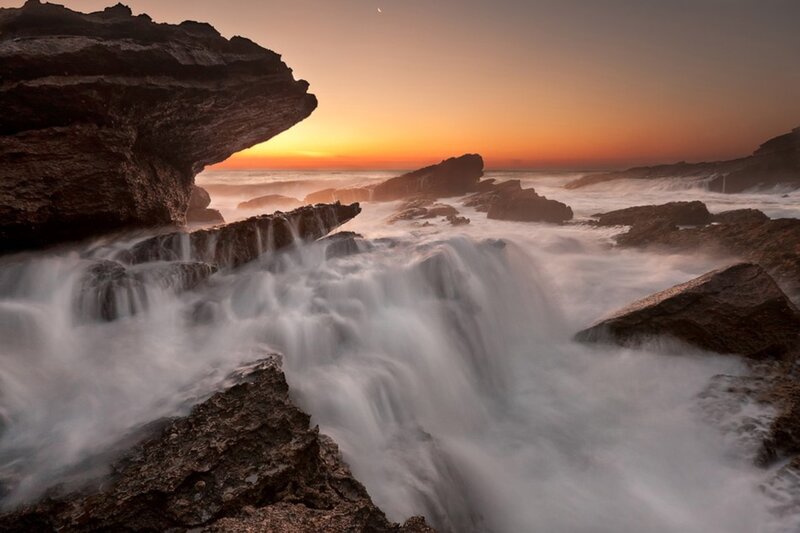 Ocean Waves at Sunset — Orange, Dramatic, Photograph, Rocks, Sky, Moon