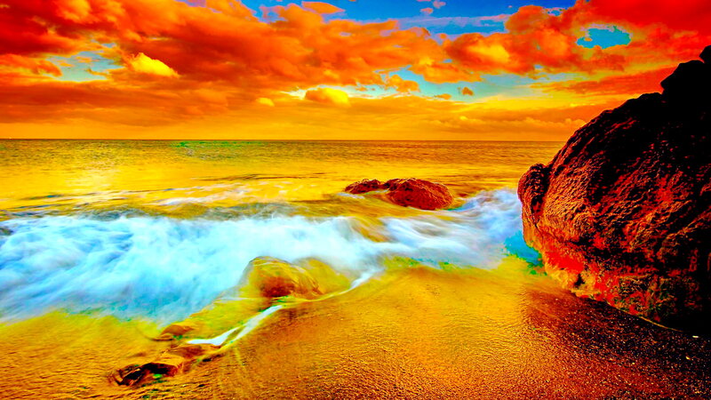 Ocean Waves at Sunset — Orange, Dramatic, Photograph, Rocks, Sky, Sand