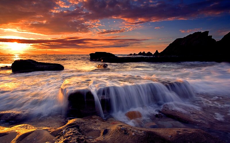 Ocean Waves at Sunset — Orange, Dramatic, Photograph, Rocks, Sky, Sea