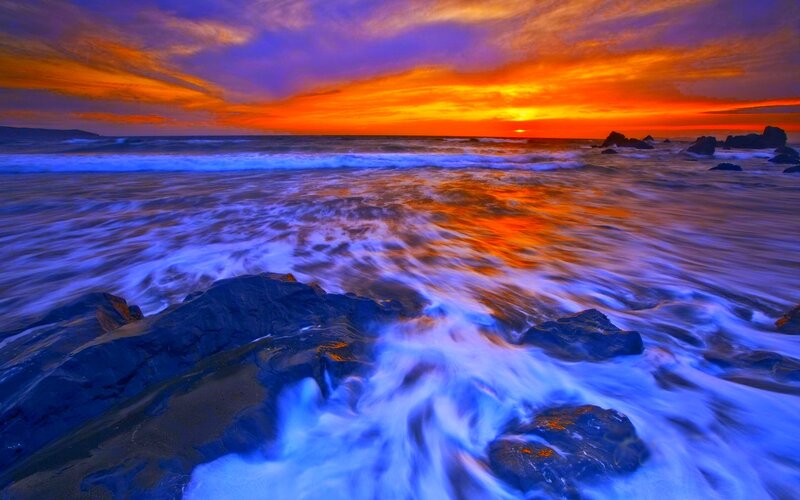 Ocean Waves at Sunset — Orange, Dramatic, Photograph, Rocks, Sky, Sun