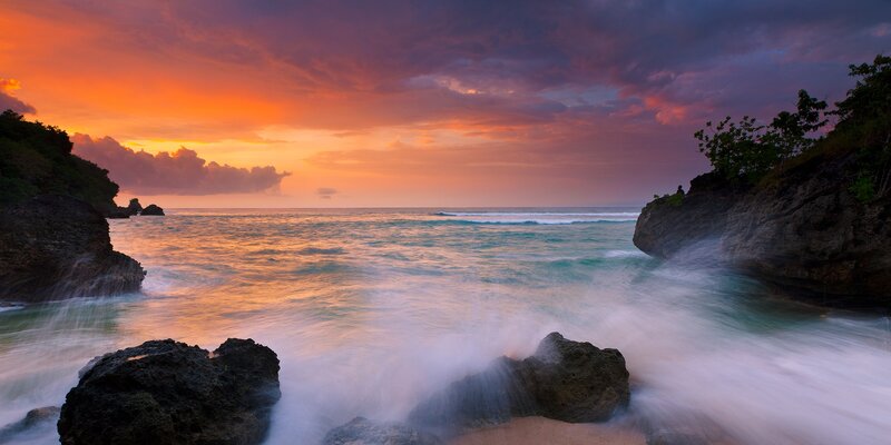 Ocean Waves at Sunset — Orange, Dramatic, Photograph, Rocks, Sky, Trees