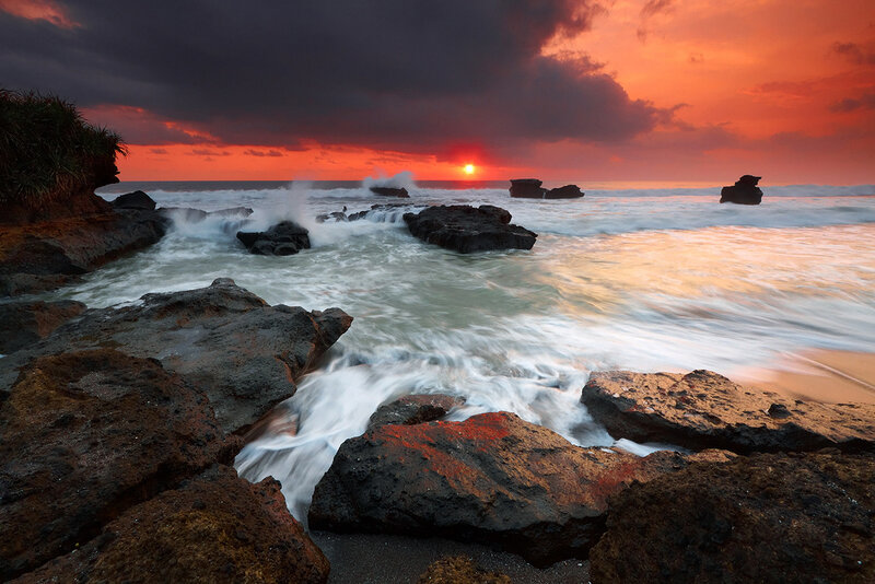 Ocean Waves at Sunset — Orange, Dramatic, Photograph, Rocks, Sun, Clouds