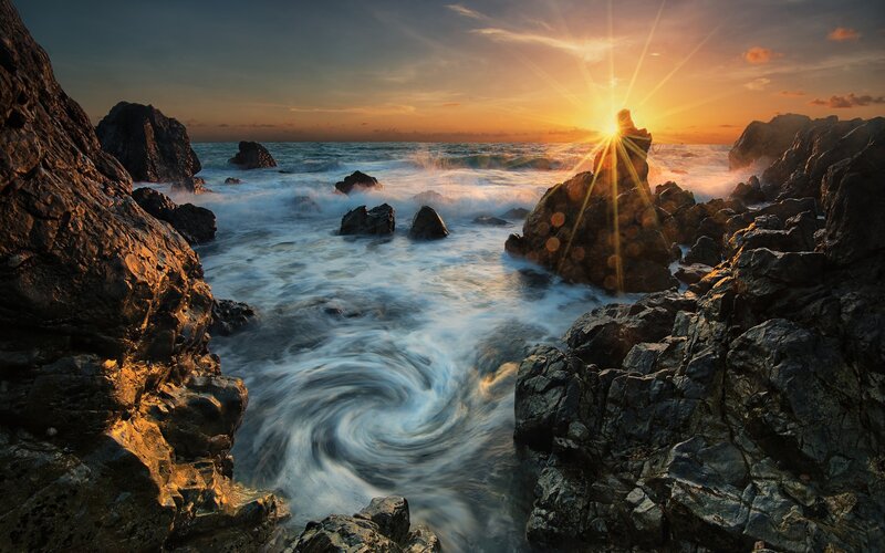 Ocean Waves at Sunset — Orange, Dramatic, Photograph, Rocks, Sun, Sea