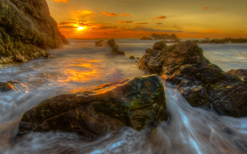Ocean Waves at Sunset — Orange, Dramatic, Photograph, Rocks, Sun, Sky