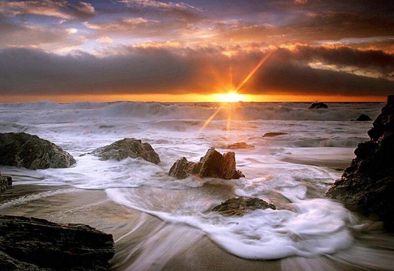 Ocean Waves at Sunset — Orange, Dramatic, Photograph, Rocks, Sun