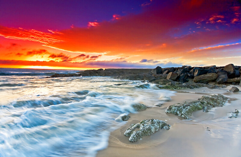 Ocean Waves at Sunset — Orange, Dramatic, Photograph, Rocks