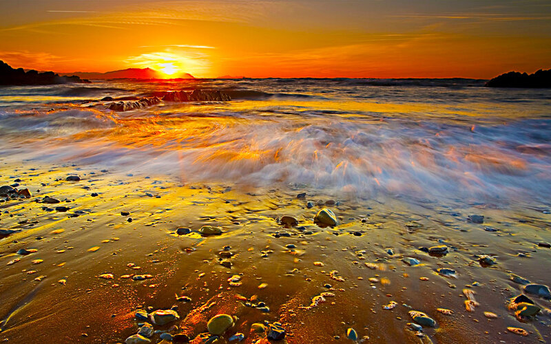 Ocean Waves at Sunset — Orange, Dramatic, Photograph, Sand, Rocks